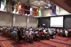 Photo of an audience listening to the WordCamp Boston keynote
