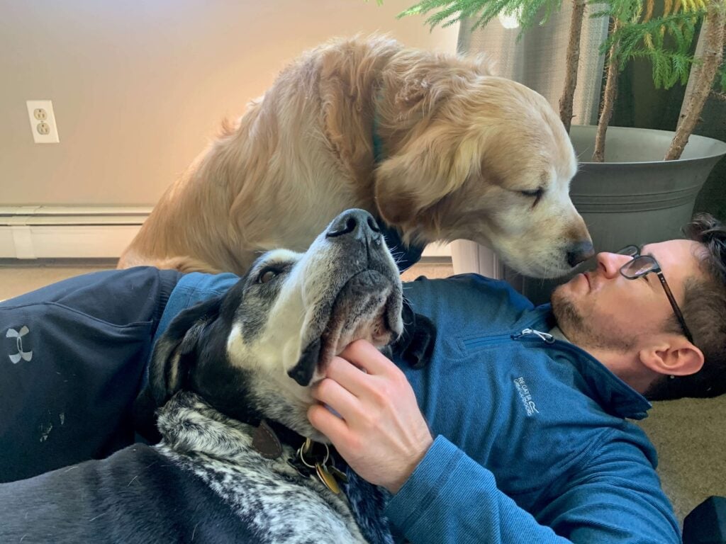 Chris being greeted by two dogs