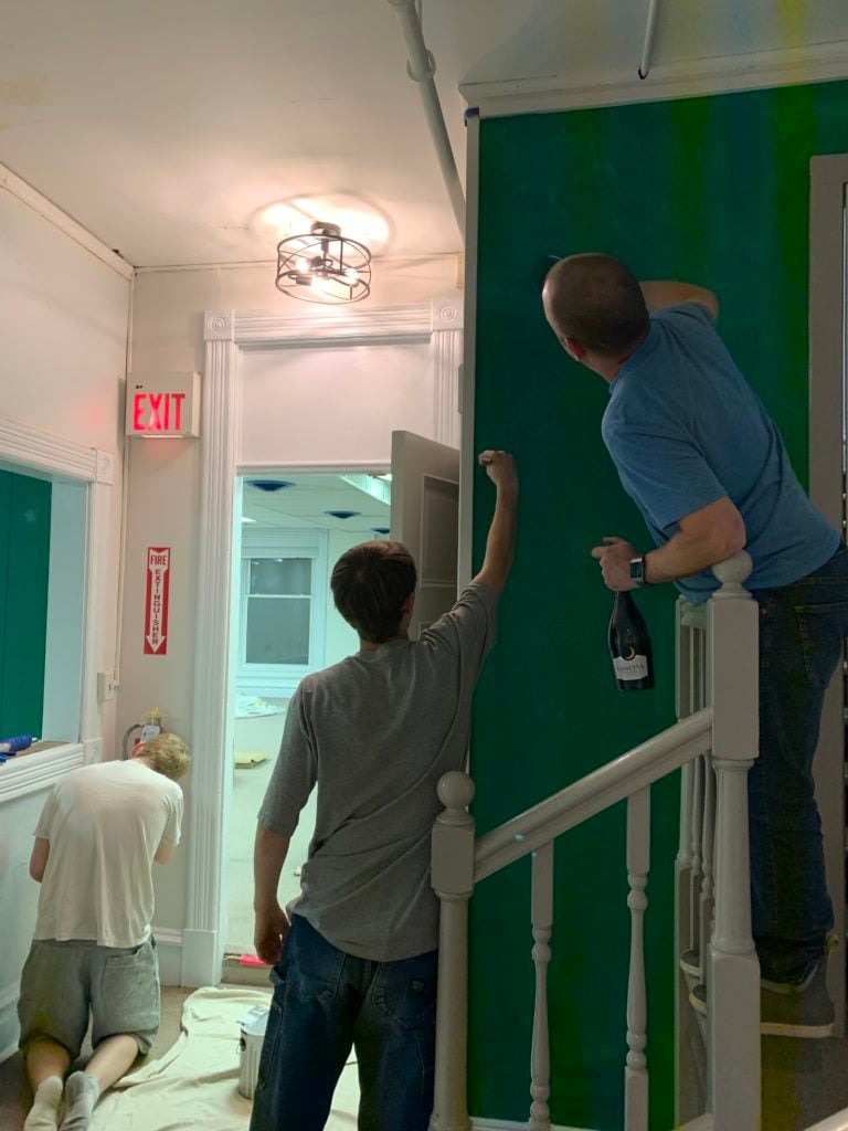 Pete and Jay painting the 2nd floor wall green