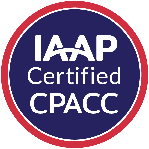 IAAP CPACC circular badge logo for International Association of Accessibility Professionals (IAAP) Certified Professional in Accessibility Core Competencies (CPACC) credential. A dark blue circle with three lines of centered white text that read: IAAP CPACC Certified. There is a smaller red circle that surrounds the dark blue inner circle that designates the CPACC credential color scheme.
