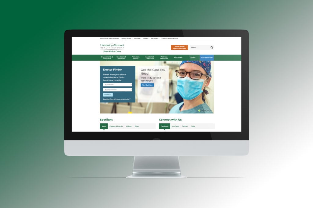 UVM Porter Medical Center homepage before redesign on a desktop