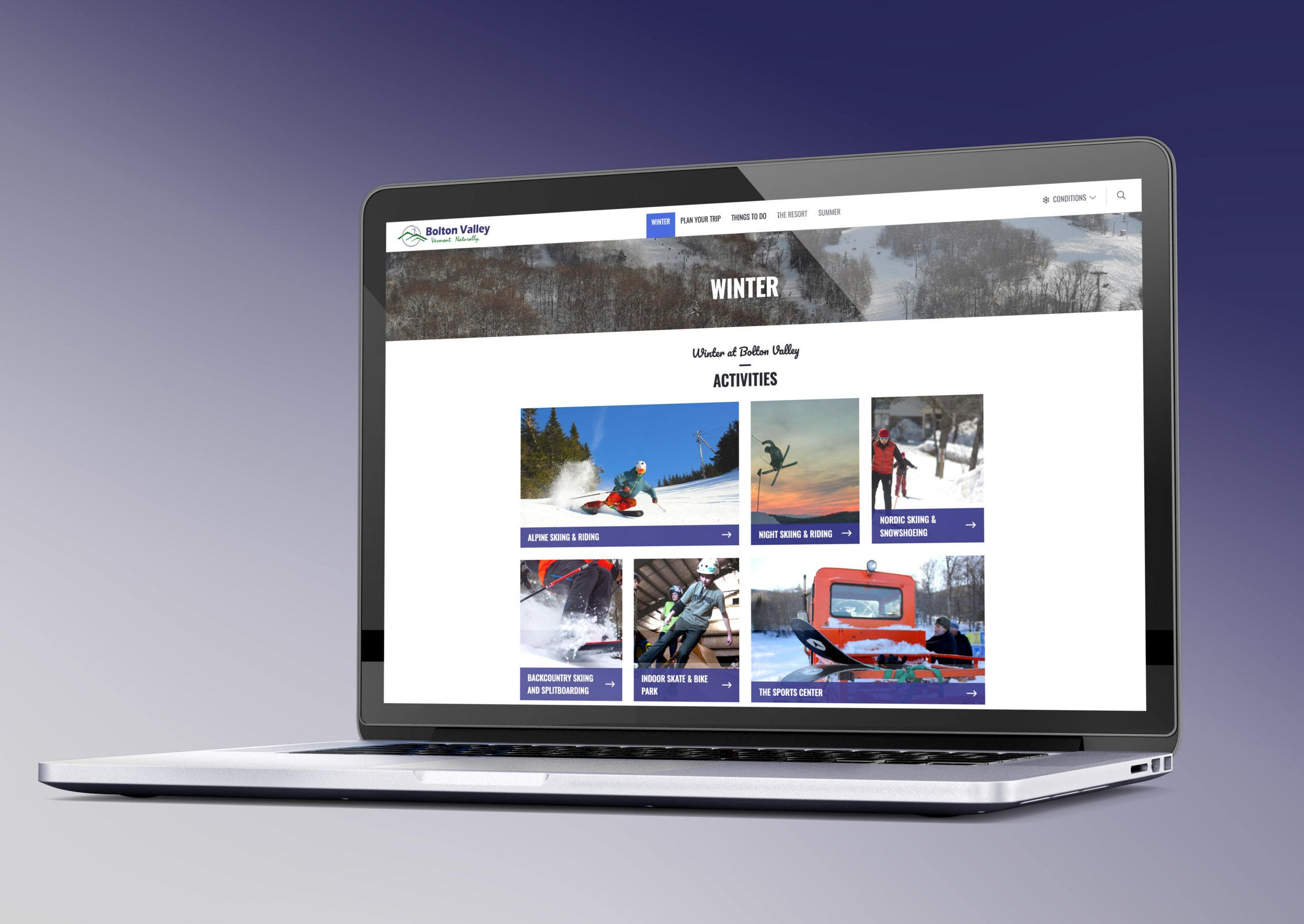 bolton valley winter activities page on a laptop