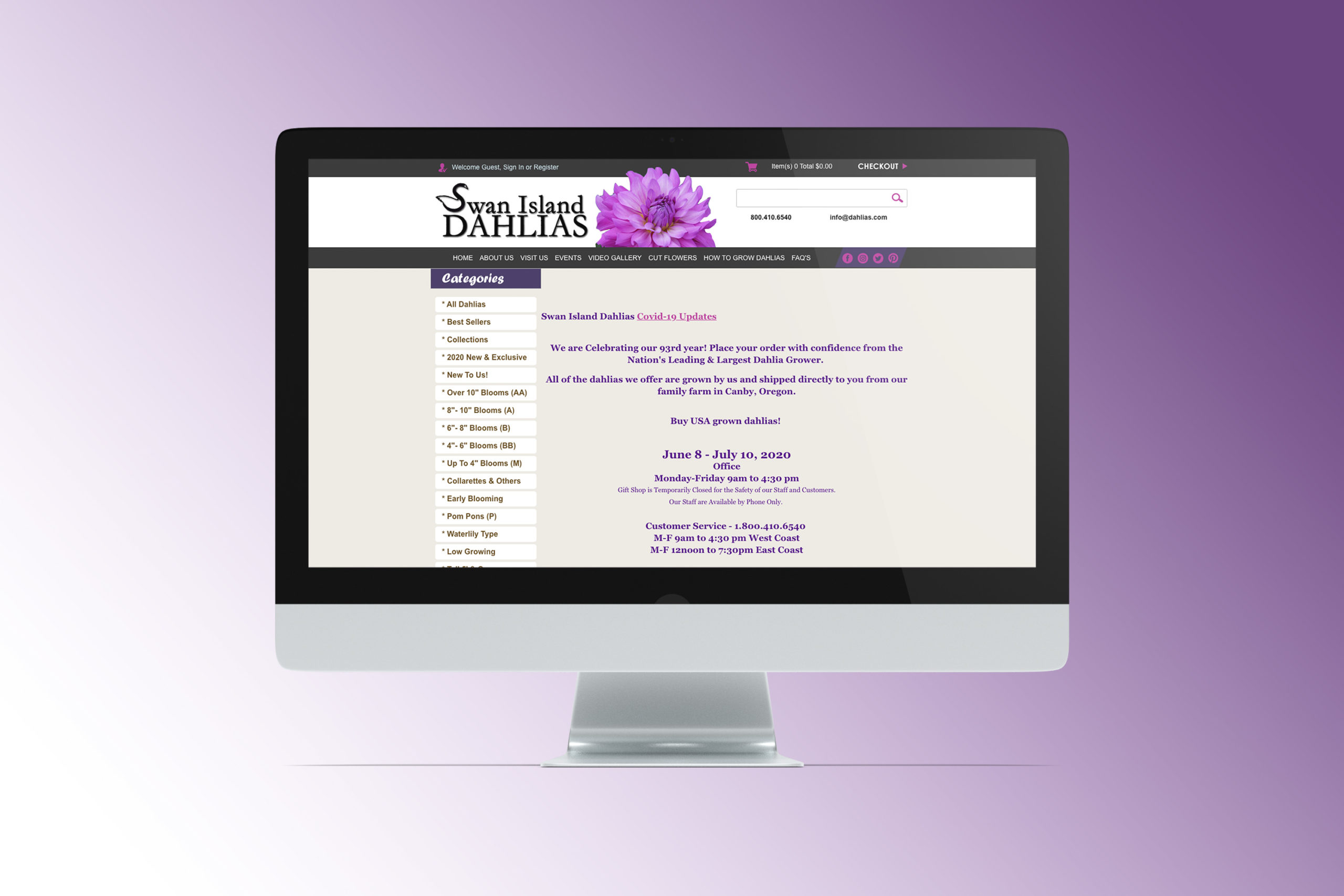 Swan Island Dahlias homepage before redesign on desktop
