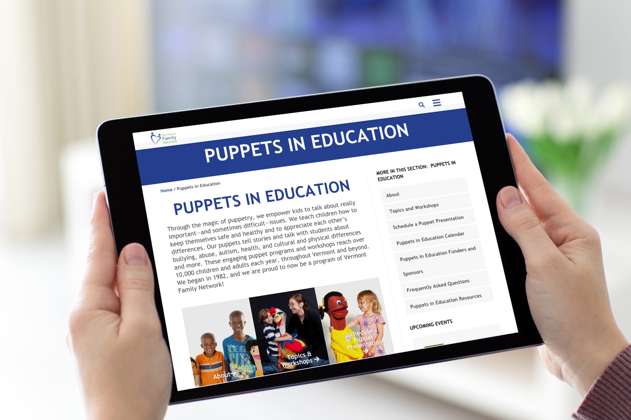 Vermont Family Network Puppets in Education page on an ipad