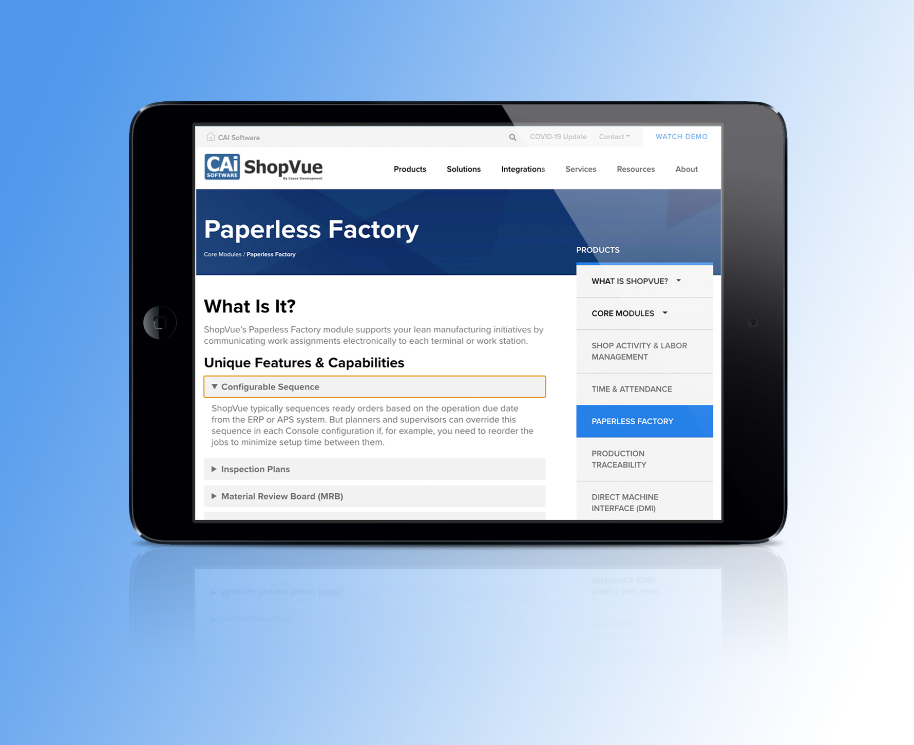 Cai Shopvue paperless factory page featured on a black tablet