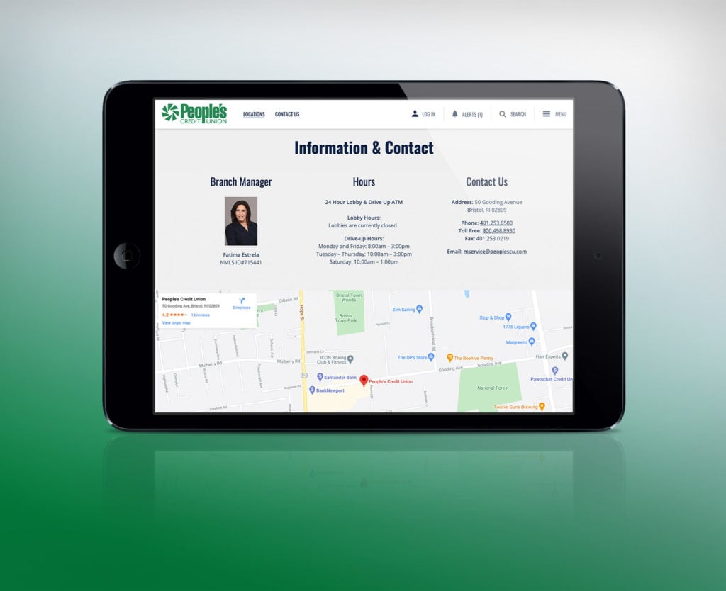 People's Credit Union branch location page on a ipad.