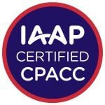 IAAP CPACC circular badge logo for International Association of Accessibility Professionals (IAAP) Certified Professional in Accessibility Core Competencies (CPACC) certification. A dark blue circle with three lines of centered white text that read: IAAP Certified CPACC. There is a smaller red circle that surrounds the dark blue inner circle that designates the CPACC certification color scheme.
