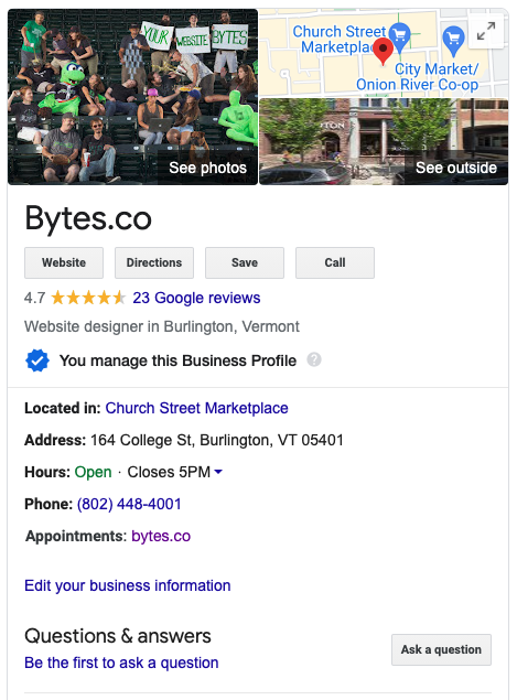 Screenshot of Bytes.co's Google Business Profile, a type of free local business listing