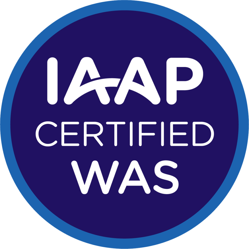 IAAP WAS circular badge logo for International Association of Accessibility Professionals (IAAP) Web Accessibility Specialist (WAS) credential. A dark blue circle with three lines of centered white text that read: IAAP WAS Certified. There is a smaller light blue circle that surrounds the dark blue inner circle that designates the WAS credential color scheme.