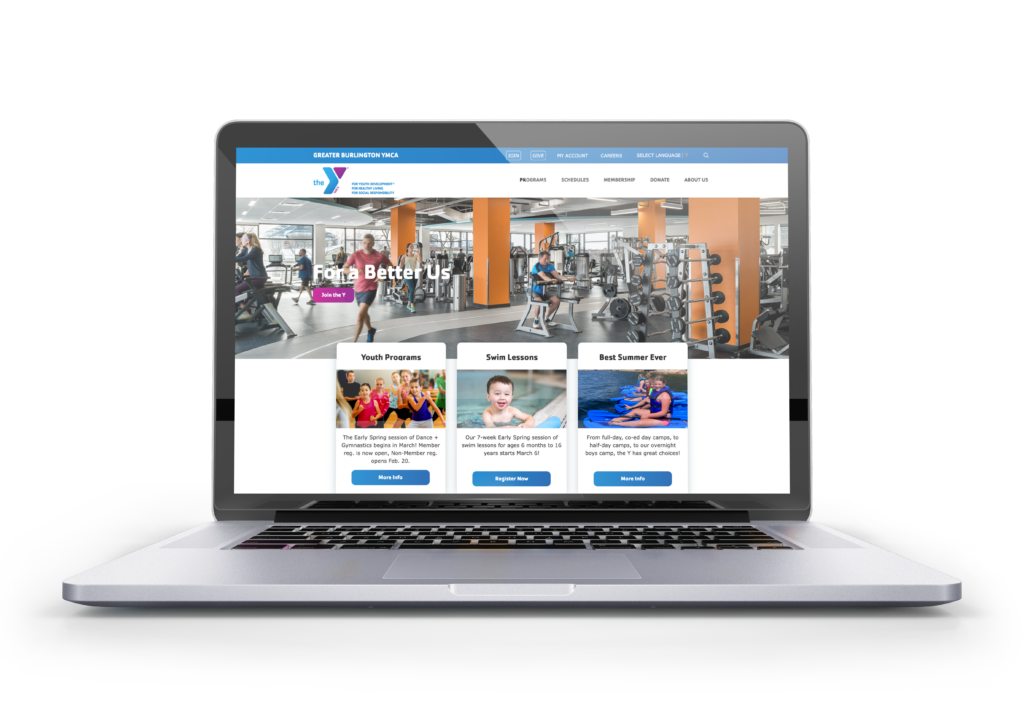 Greater Burlington YMCA homepage on laptop