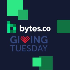 Bytes.co and Giving Tuesday logos on a navy background with green squares