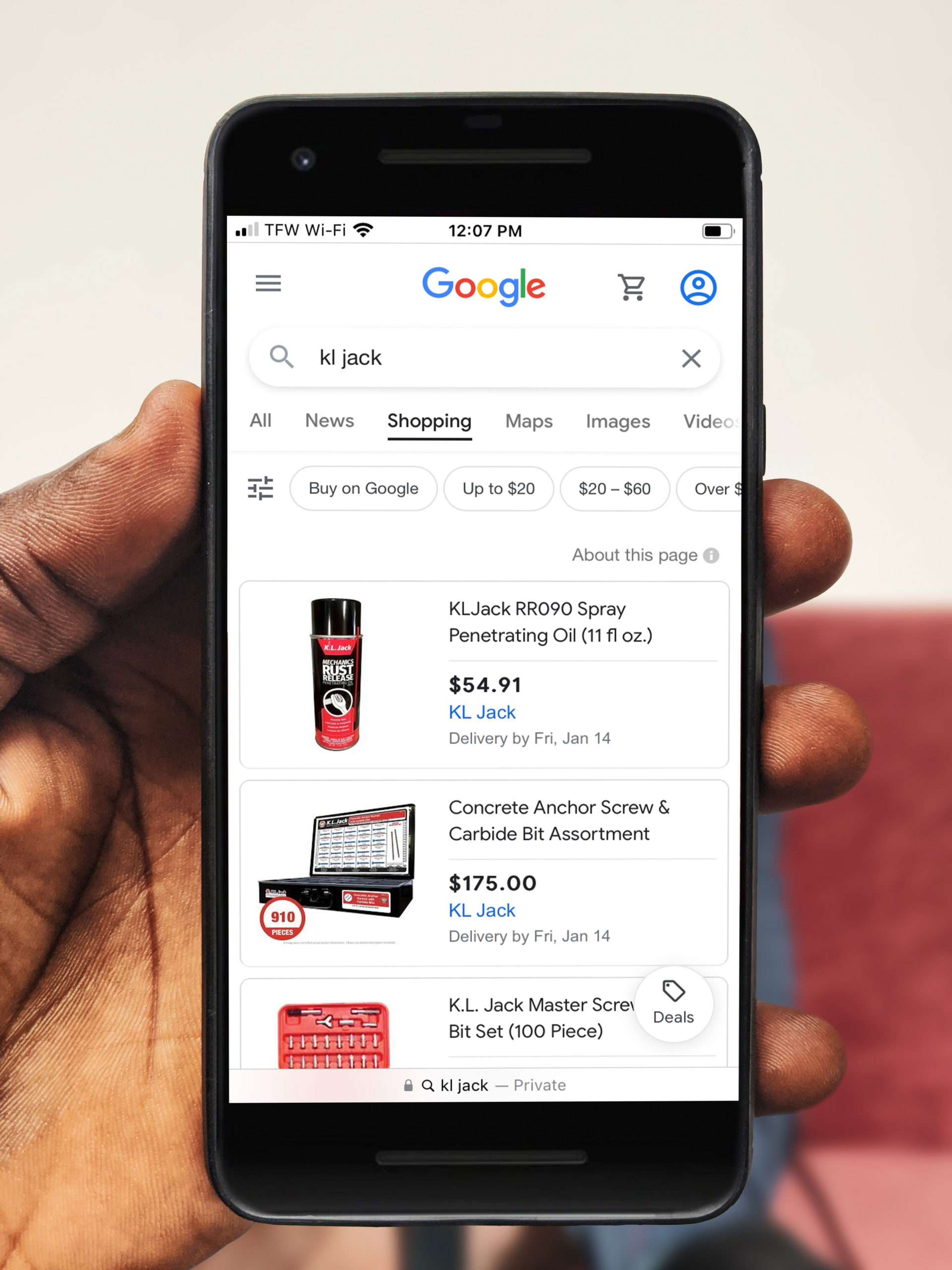 Mobile phone with K.L. Jack Google Shopping results