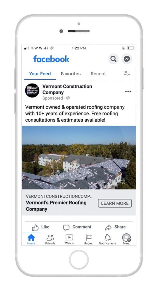 Vermont Construction Company Facebook Ad on iPhone
