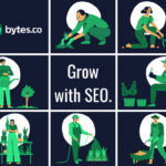 Grow Organic and Paid Traffic to Your Website blog post cover image featuring illustrated people gardening against a navy blue background