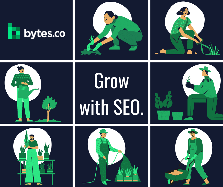 Grow Organic and Paid Traffic to Your Website blog post cover image featuring illustrated people gardening against a navy blue background