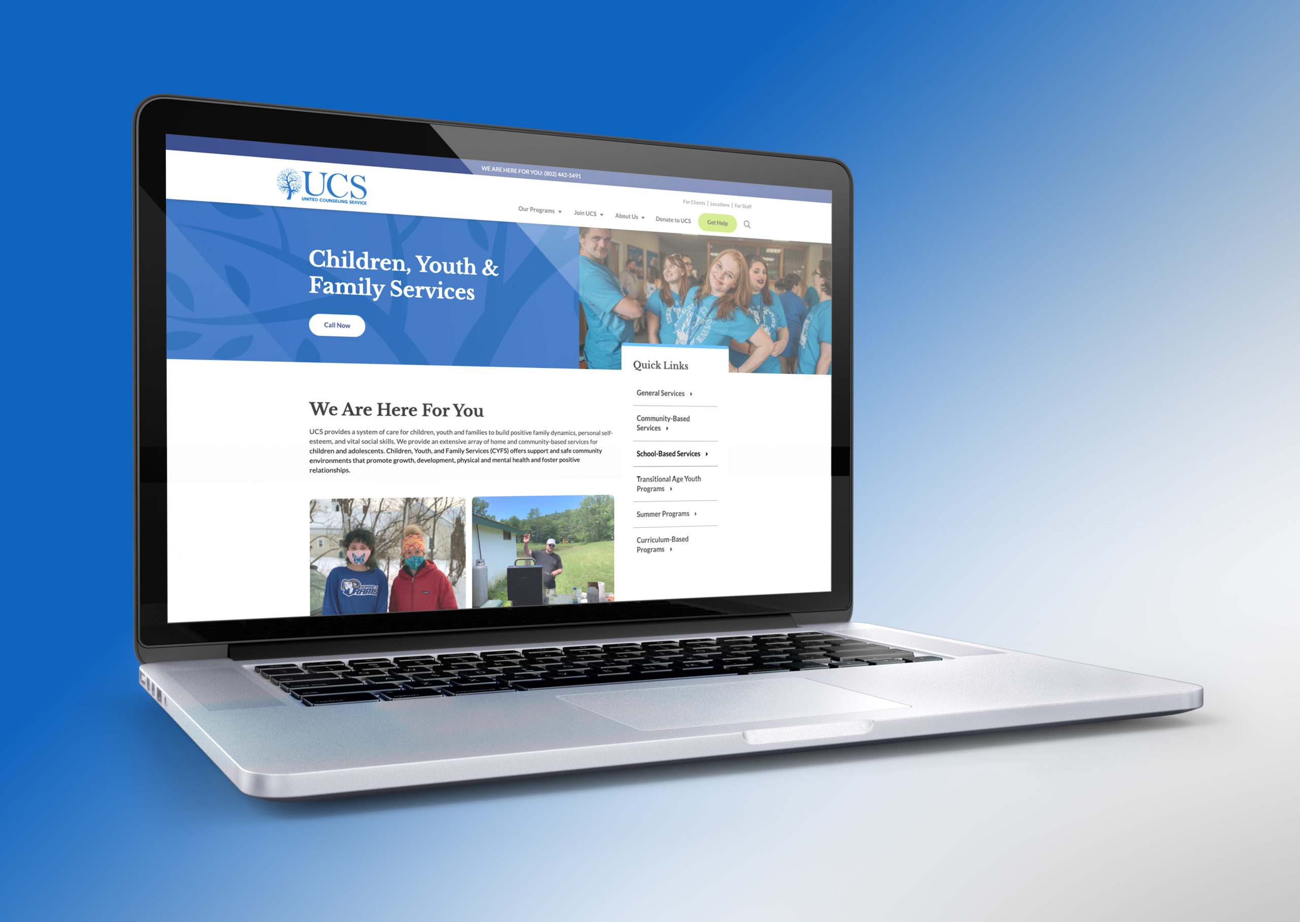 New Children, Youth, & Family Services page on the United Counseling Service website displayed on laptop