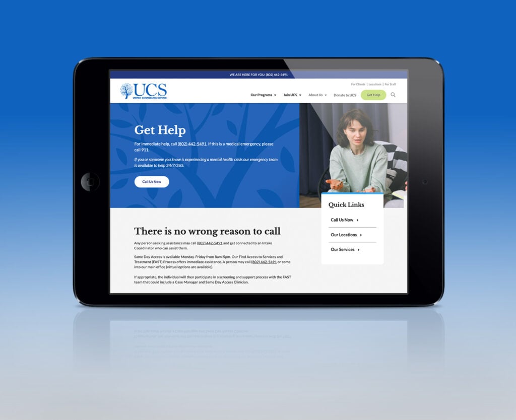 United Counseling Service homepage screenshot on a tablet