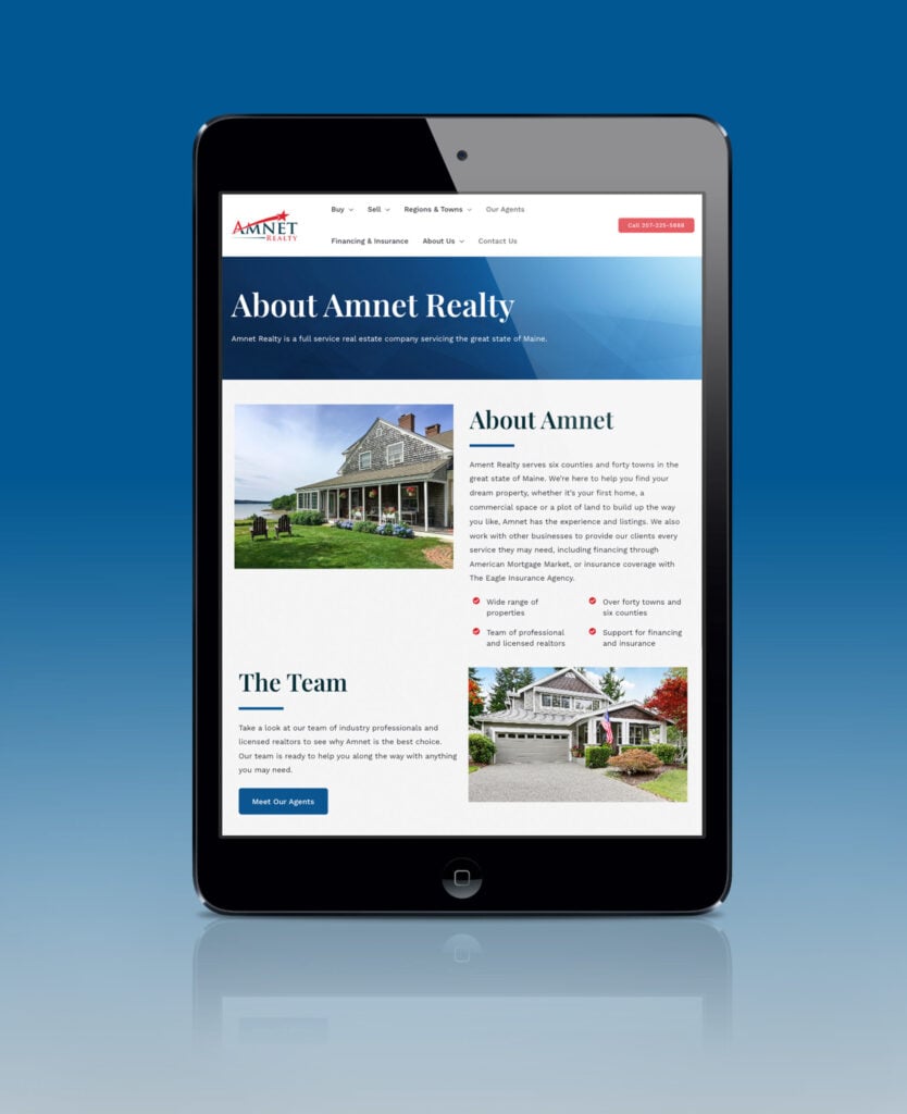 Amnet Realty homepage screenshot on a tablet