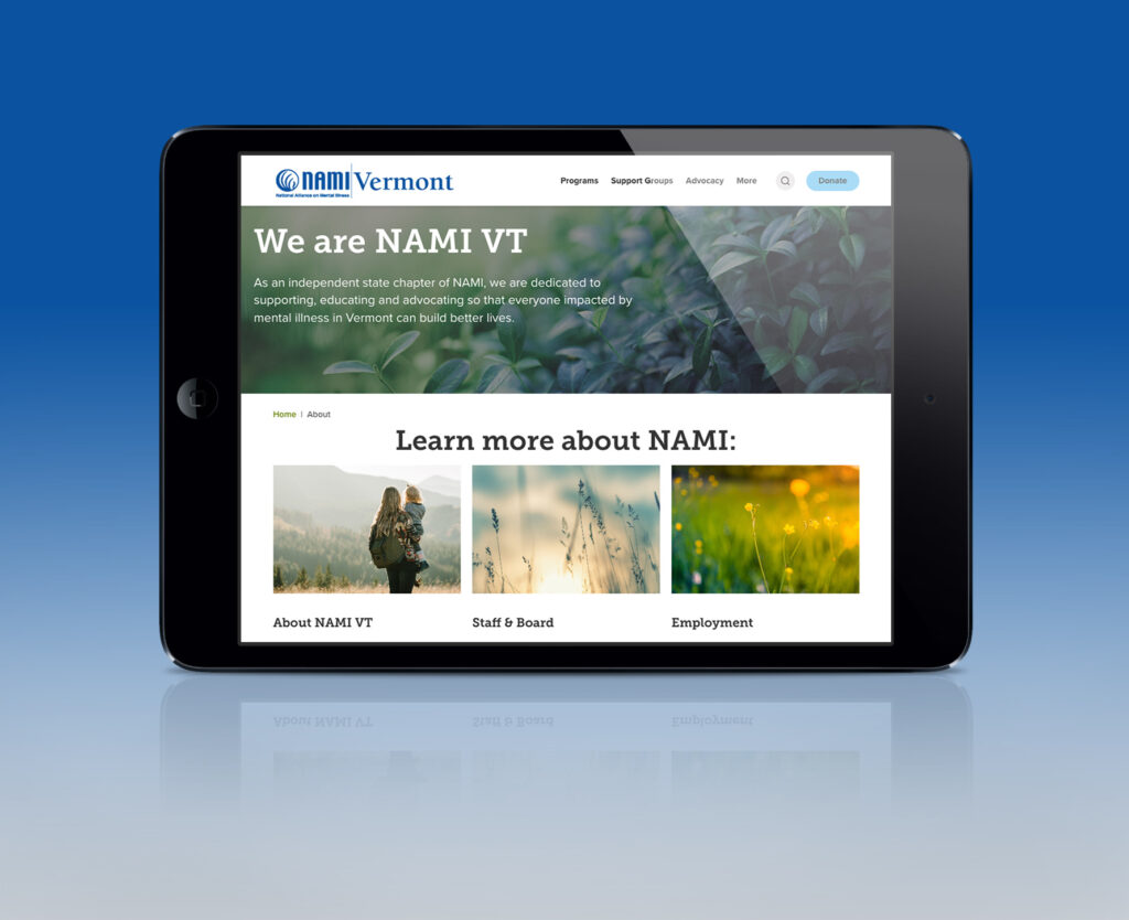 Tablet opened to the homepage of NAMI Vermont