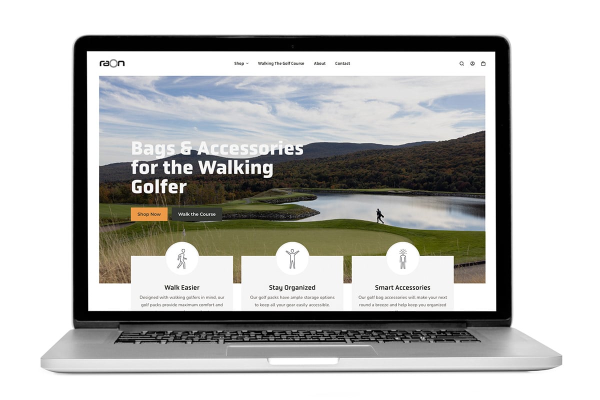 A laptop is open with the Raon Golf Supply website homepage presented; it's an e-commerce website for selling specialty golf backpacks