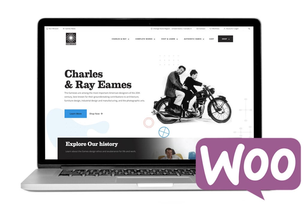 A laptop has the Eames Office WooCommerce homepage presented on it