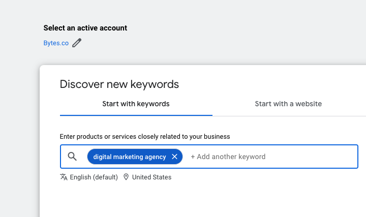 SEO keyword research for "digital marketing agency" in Google Keyword Planner
