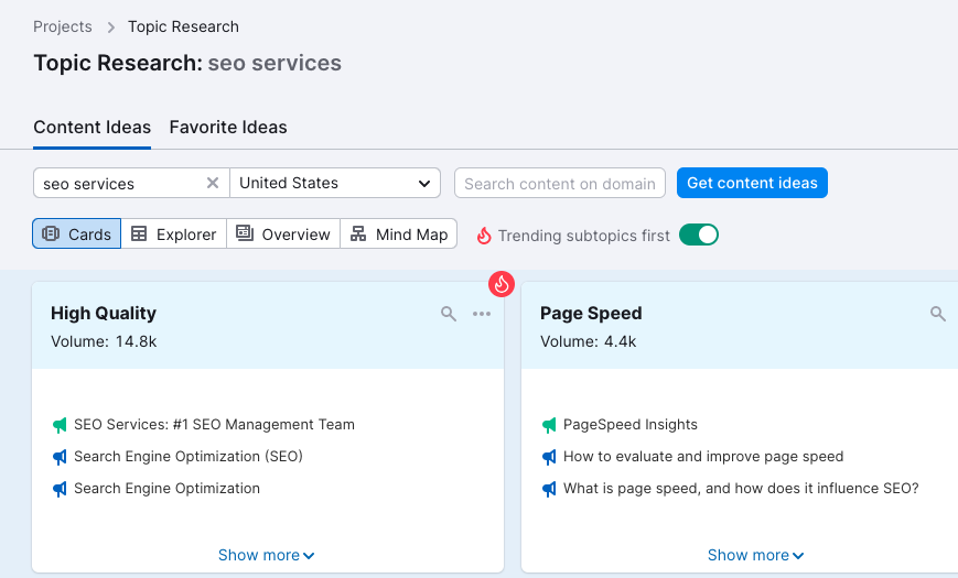 Topic research for SEO Services in SEMrush