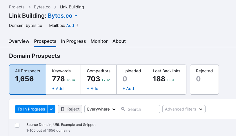 Link building tool in SEMrush