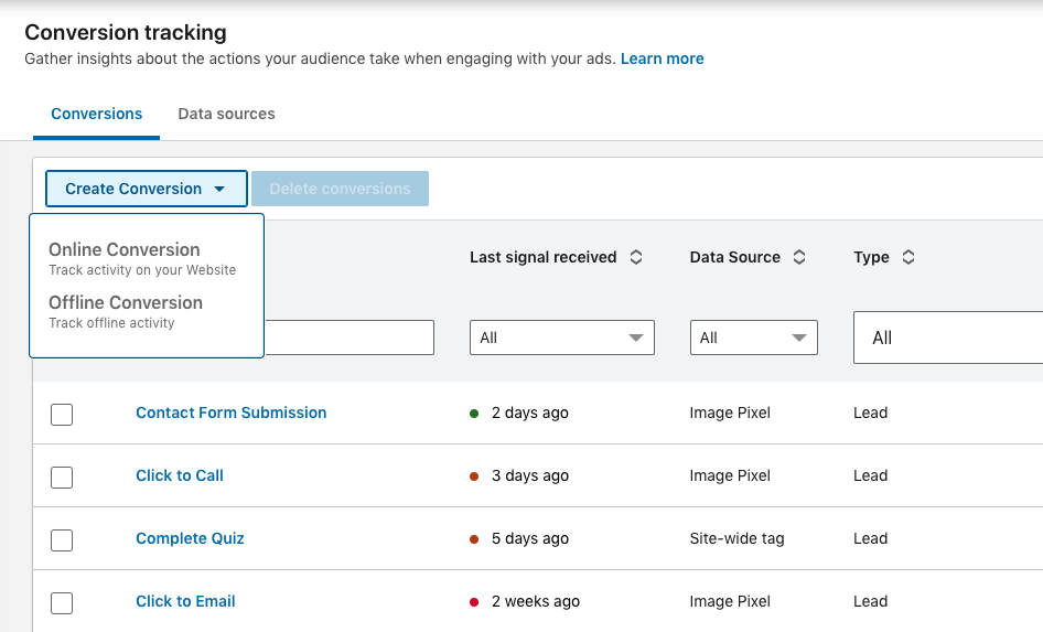 Conversion tracking set up in LinkedIn Ads manager
