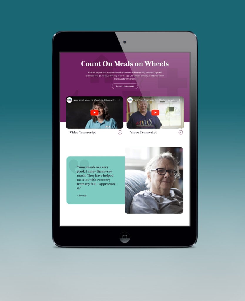 Age Well's Meals on Wheels page on a vertical iPad