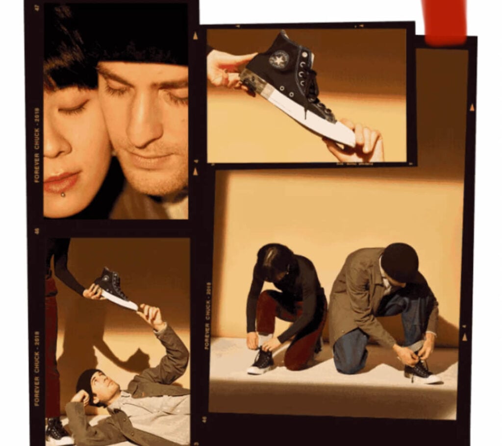 a collage of 4 images including a woman and man tying their shoes together