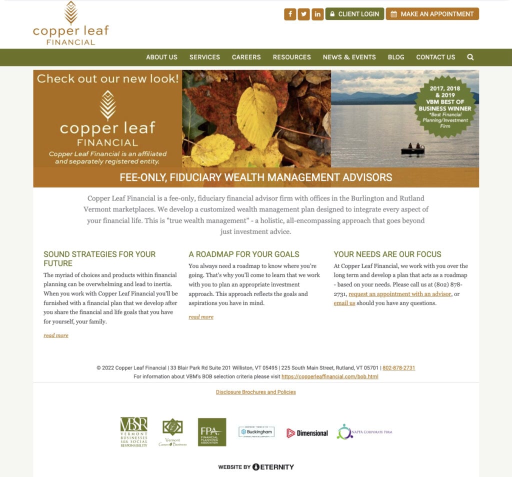 Screenshot of Copper Leaf Financial's old website homepage
