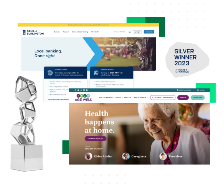 The 2023 Davey Awards Silver trophy and logo next to screenshots of Bytes.co's winning websites for Bank of Burlington and Age Well