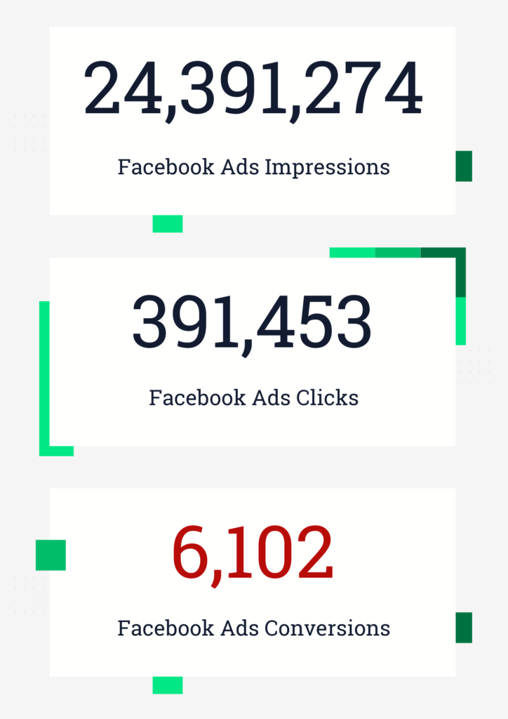 24,391,274 Facebook Ads impressions, 391,453 Facebook Ads clicks, 6,102 Facebook Ads conversions.
