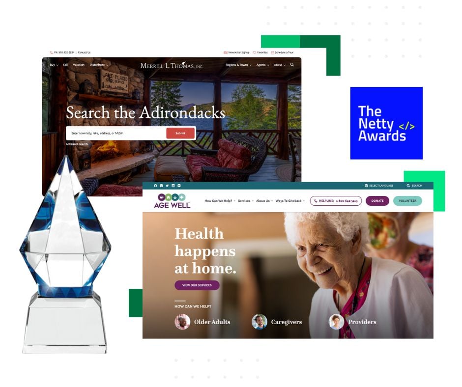 The 2023 Netty Awards trophy and logo next to screenshots of Bytes.co's winning websites for Merrill L. Thomas and Age Well