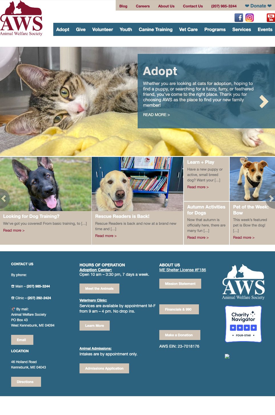 Old Animal Welfare Society homepage screenshot