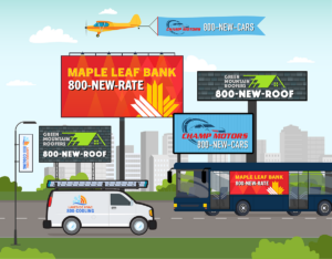 Illustration of 800response vanity numbers on billboards and vehicles