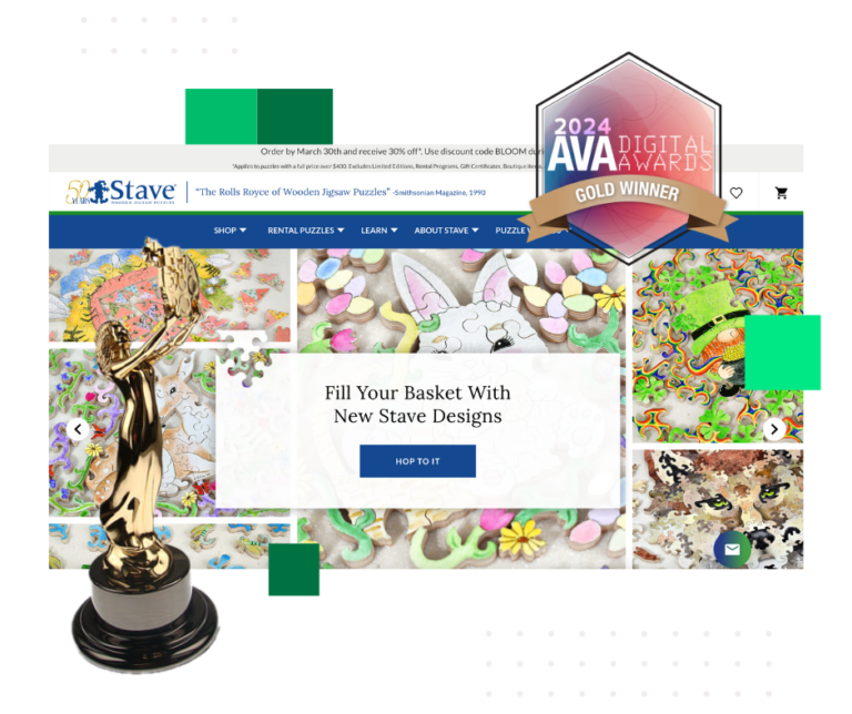 The 2024 AVA Digital Awards Gold trophy and logo next to a screenshot of the Stave Puzzles homepage