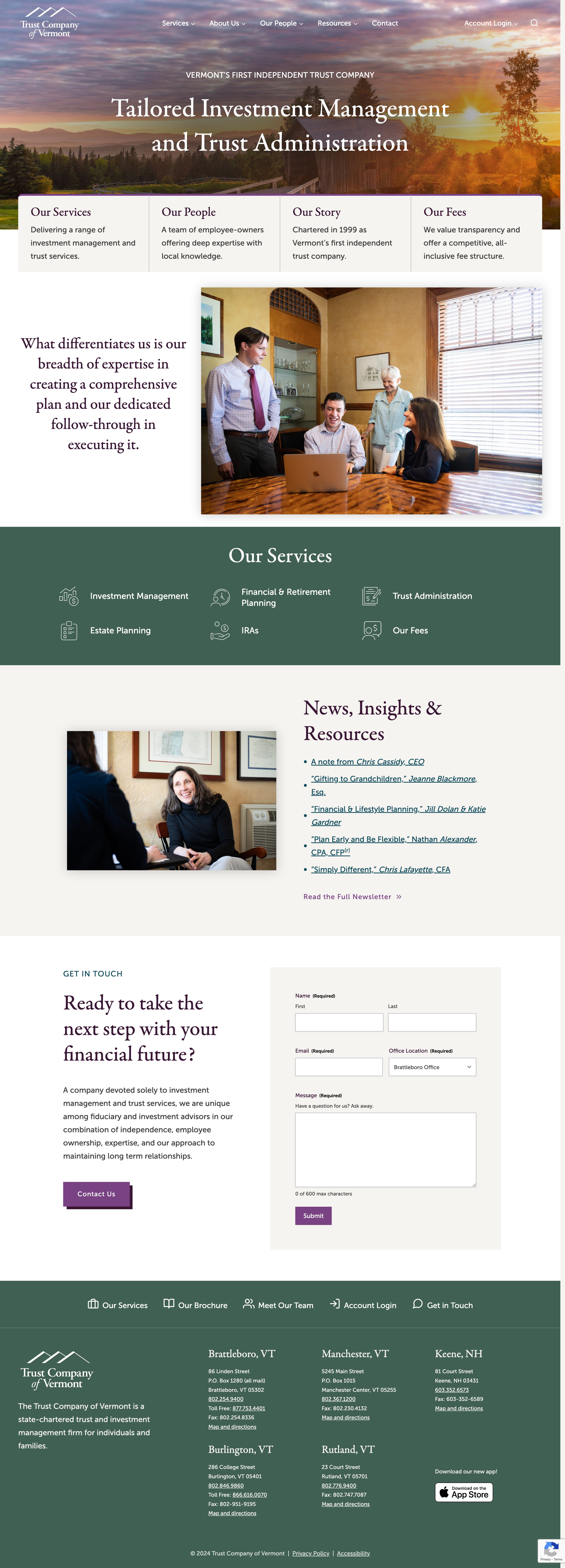 Screenshot of the new Trust Company of Vermont website homepage