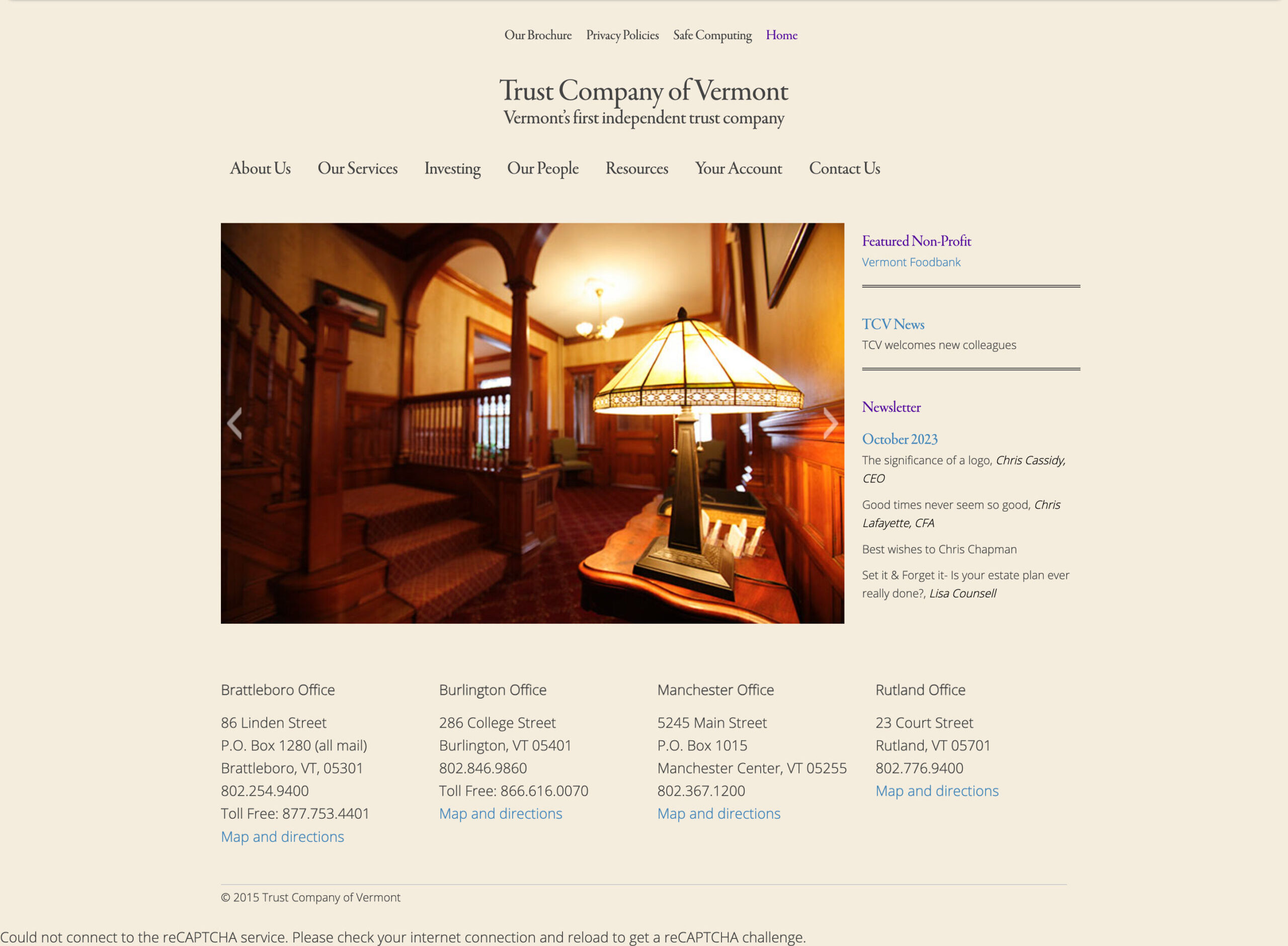 Screenshot of the old Trust Company of Vermont website homepage