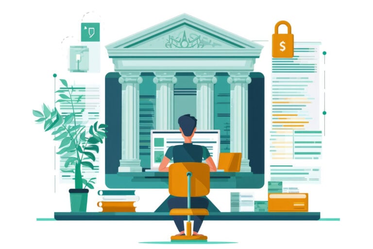 Illustration of a person sitting at a desk on a computer with a bank illustration behind it