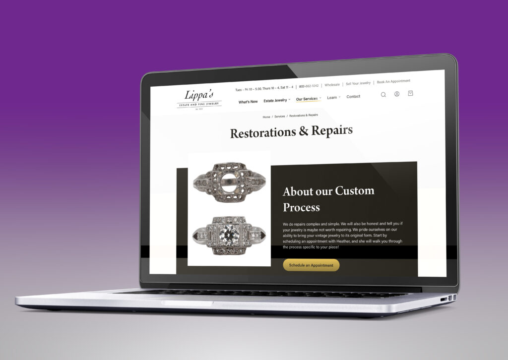 The Restorations & Repairs page on the new Lippa's website on a laptop
