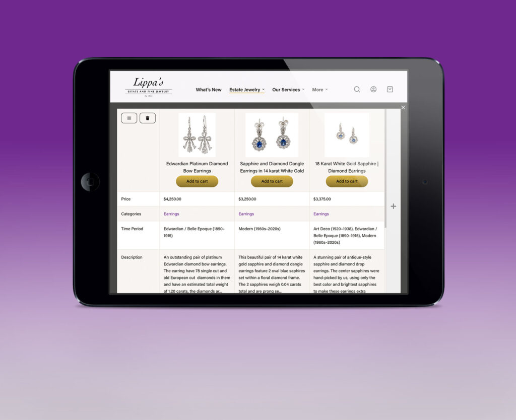 Comparing three different earrings on the new Lippa's website on a horizontal iPad