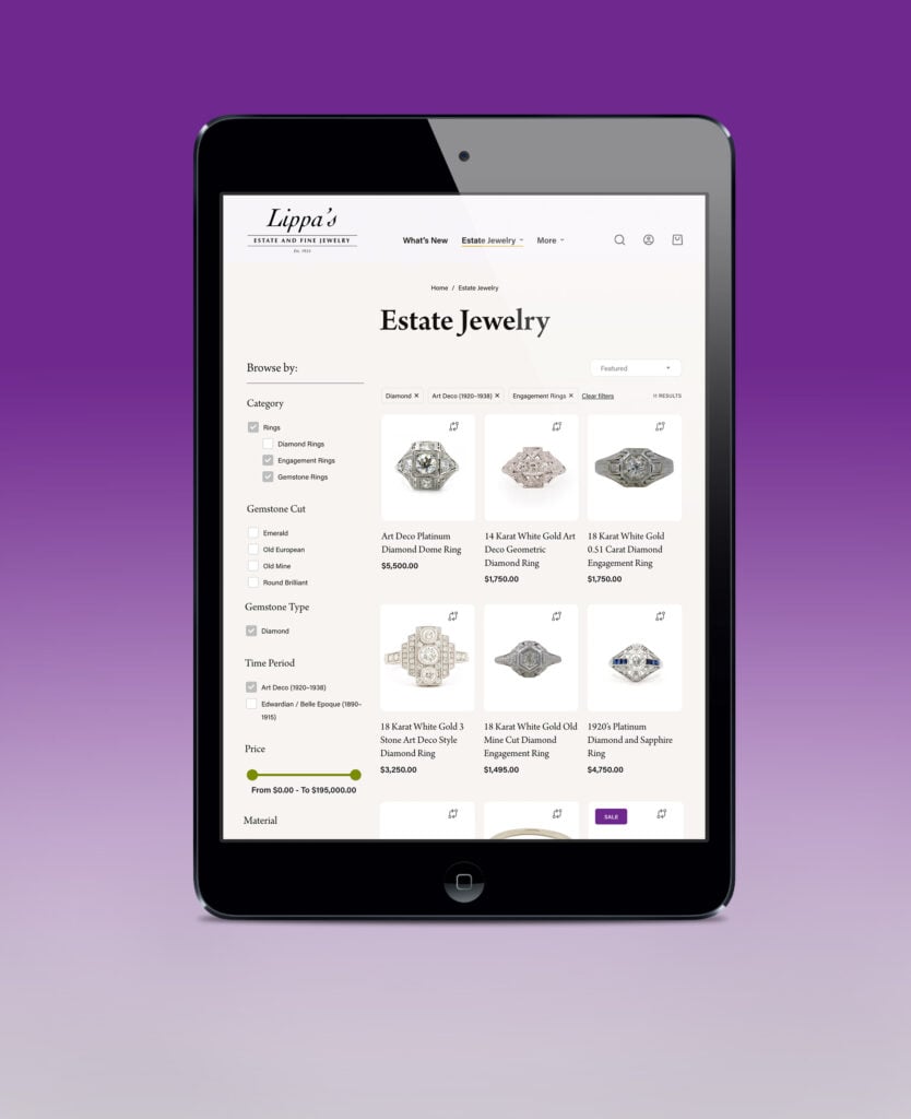 The new Lippa's Estate Jewelry page with product filters for engagement rings, diamond, and art deco on a vertical iPad