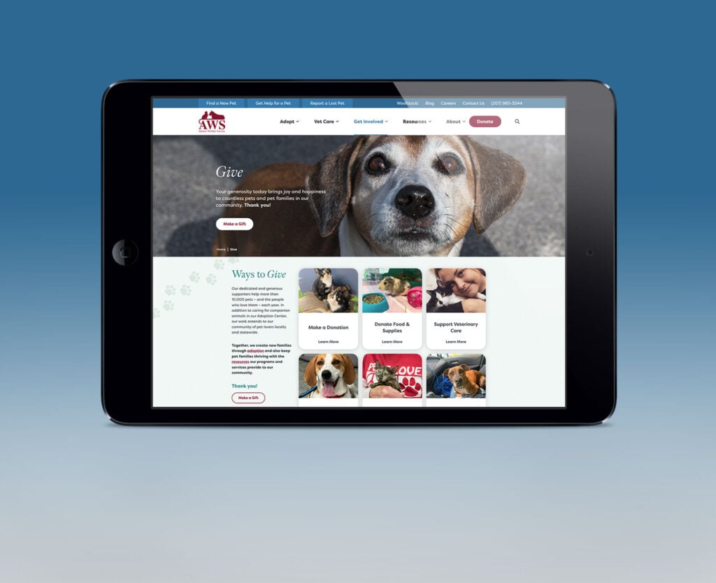 The new Animal Welfare Society Give page on a horizontal iPad