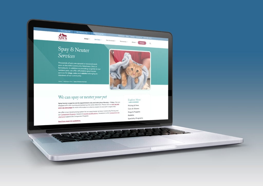 The new Animal Welfare Society Spay & Neuter Services page on a laptop
