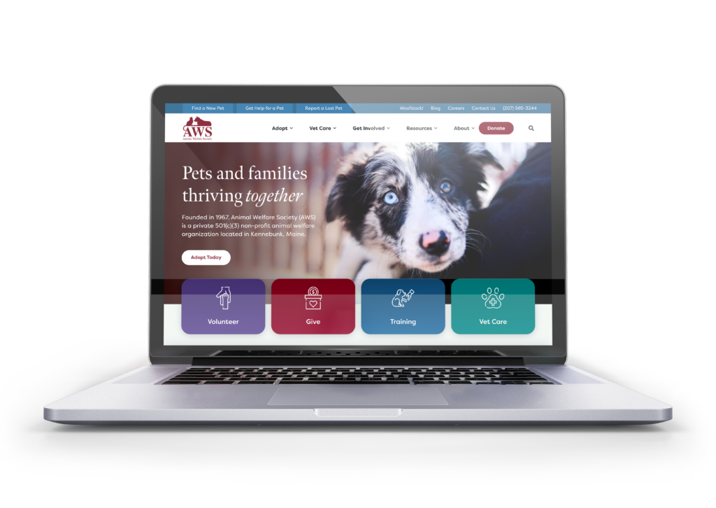 The new Animal Welfare Society homepage on a laptop
