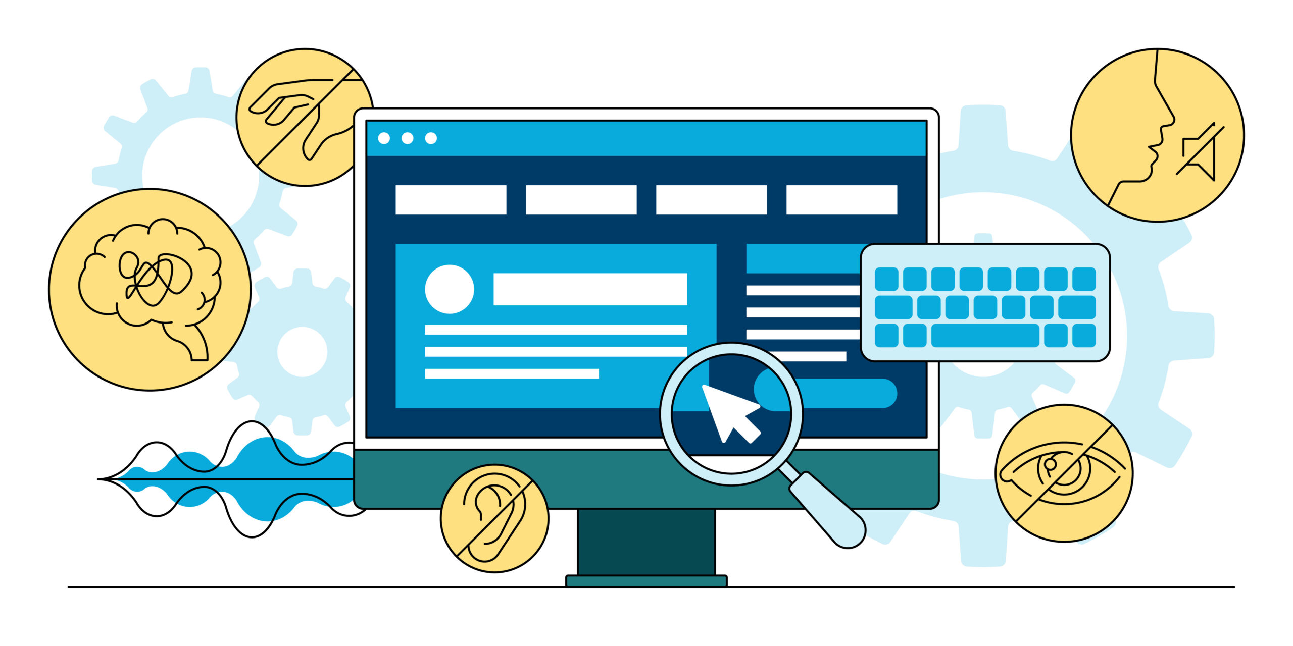 Illustration of a computer with web accessibility symbols around it