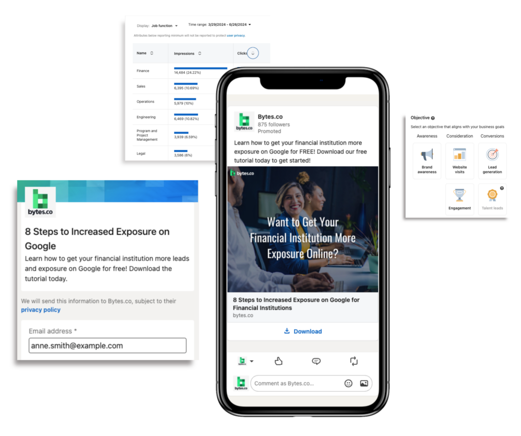 An image of an iPhone with a Bytes.co LinkedIn Ad on its screen next to a Bytes.co LinkedIn Ad lead form, a demographics report graph, and a list of options for LinkedIn Ad campaign goals