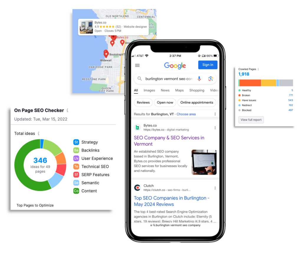 An image of an iPhone with organic search results next to a colorful graph of an On Page SEO Checker, a Crawled Pages graph, and a Google Map pack location